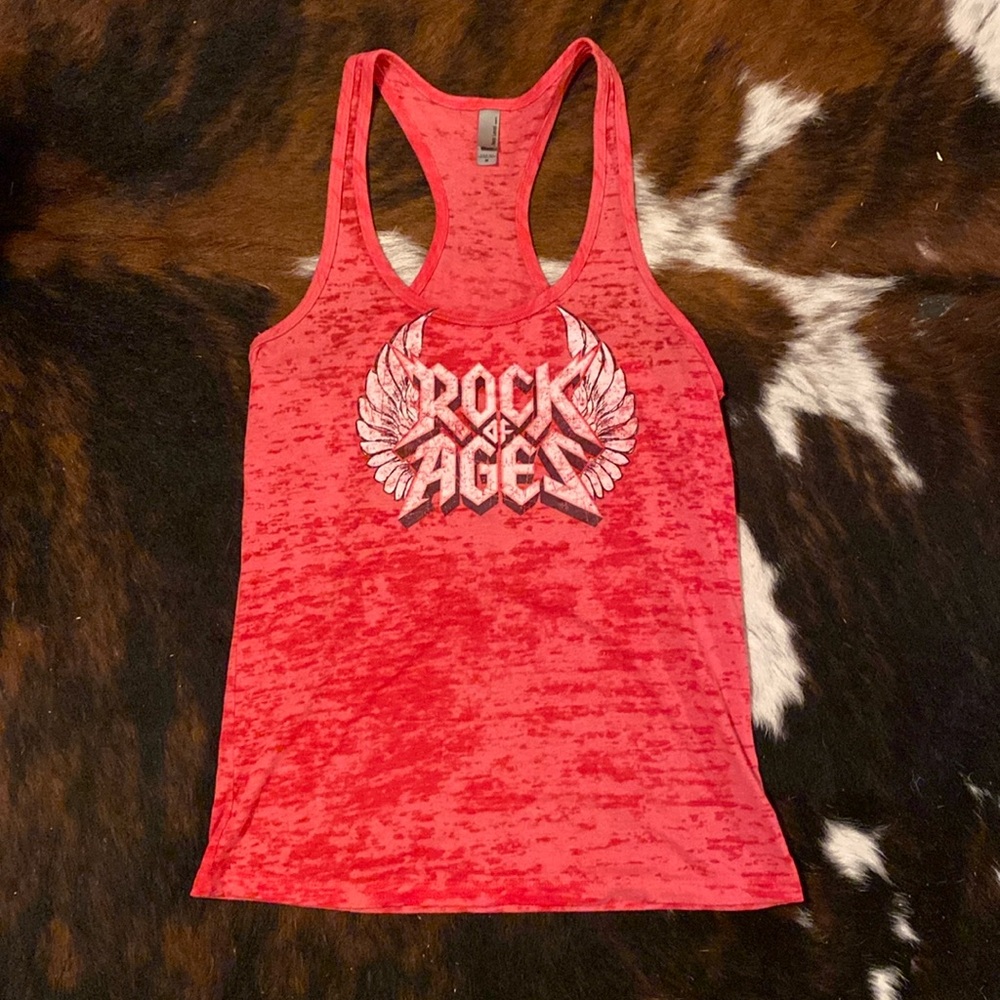 Sheer pinky-red Rock of Ages tank top